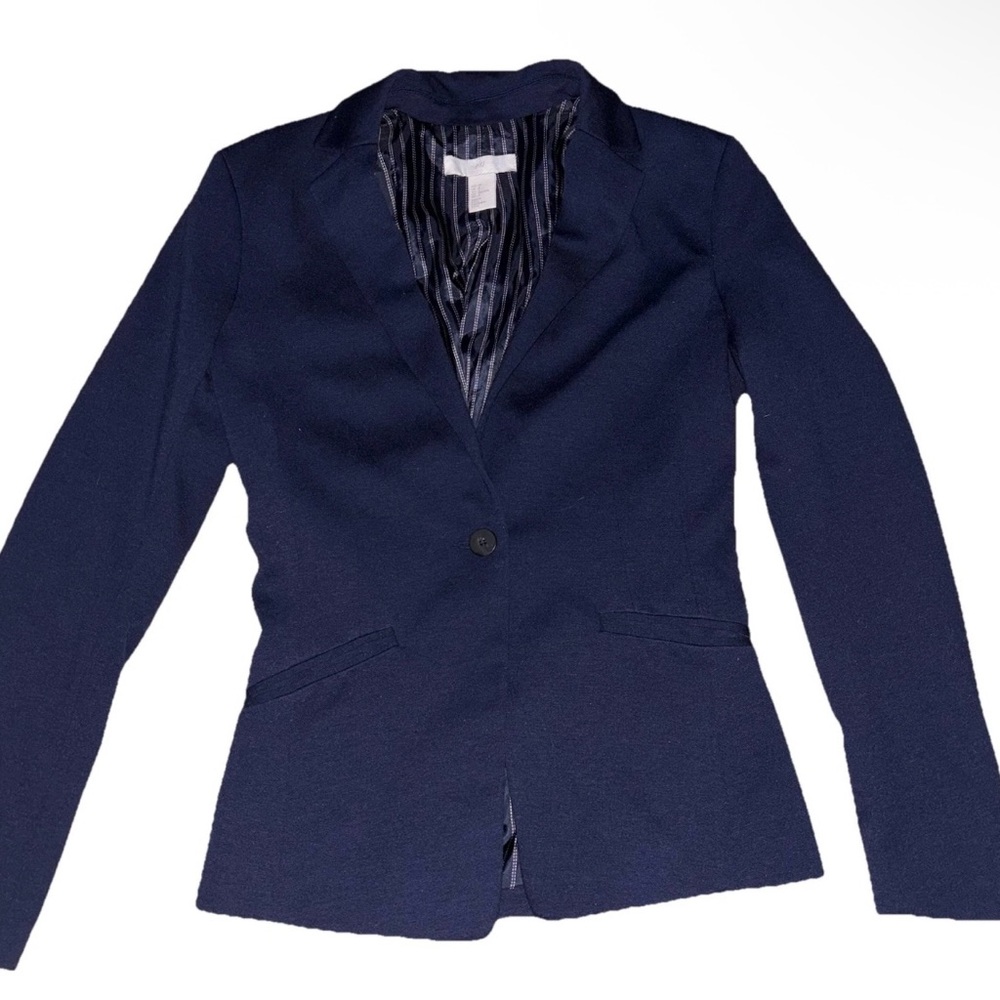 H&M Blazer Jacket Women Size 4 Navy Padded Shoulders Fitted Pockets Work Office